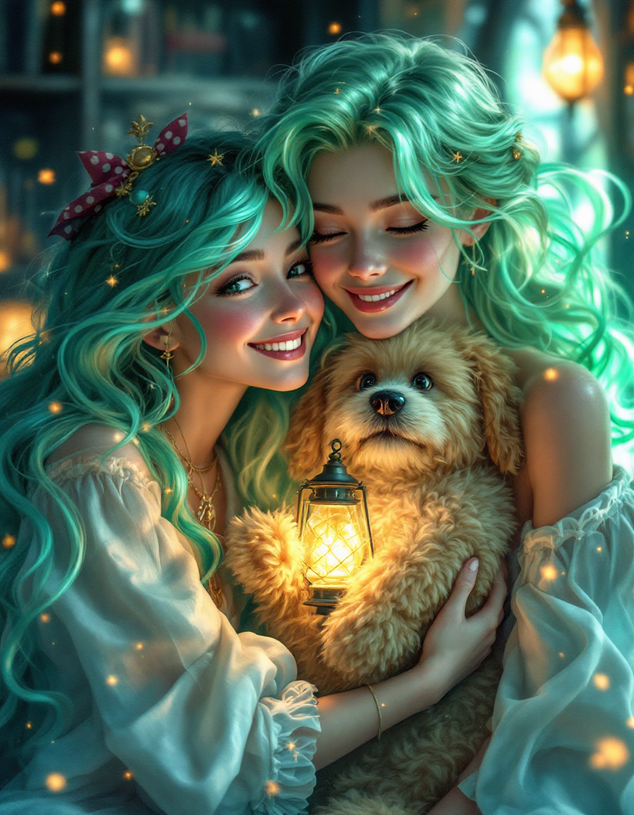 Cerina and River family portrait - warm library hug with King Noodles